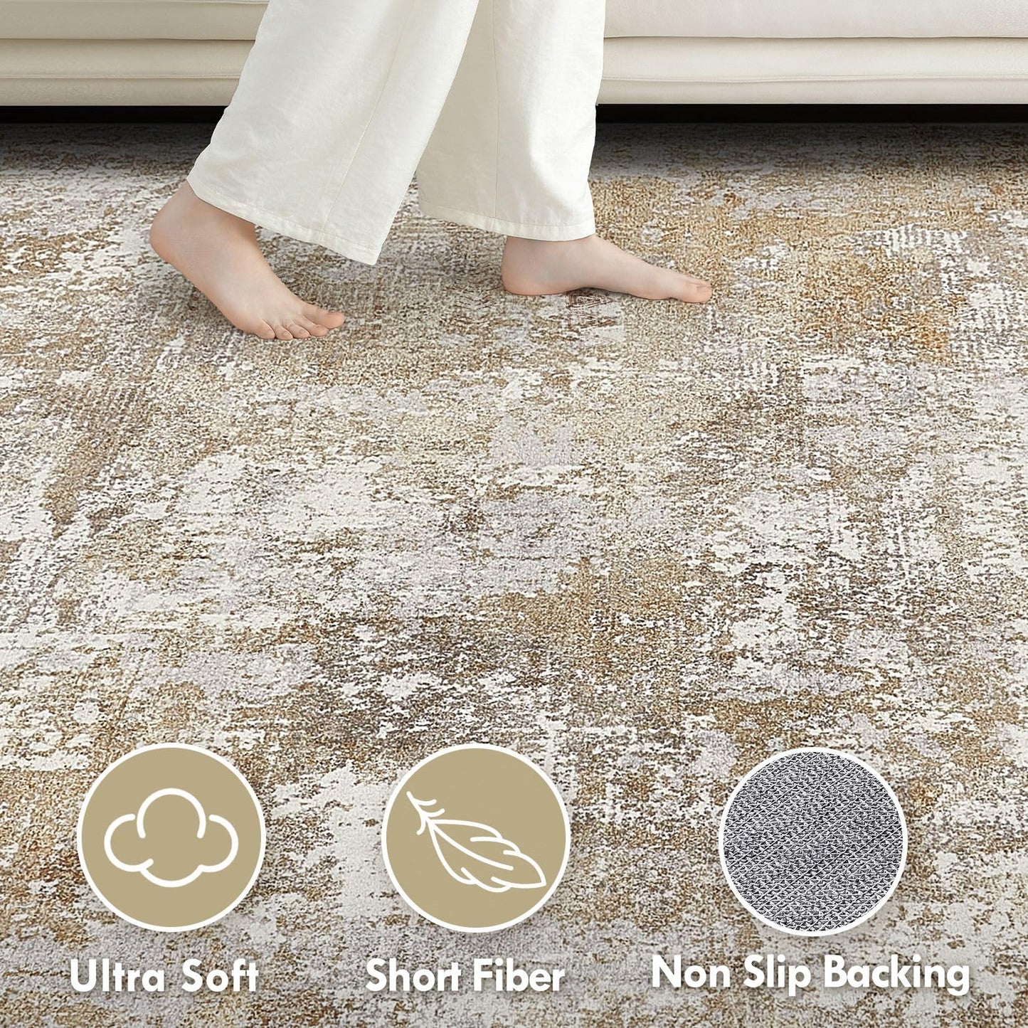 Tortania Washable 9x12 Area Rug for Living Room: Modern Abstract Neutral Large Soft Thin Rugs - Non Slip Indoor Carpet for Bedroom Dining Room Office Nursery Home Floor Decoration - Brown Grey