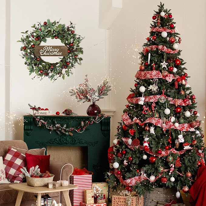 YNYLCHMX 20 Inch Christmas Wreath for Front Door, Winter Wreath with Welcome Sign Eucalyptus leaves Red Berry, Artificial Door Xmas Wreaths for Window Wall Fireplace Farmhouse Holiday Party Decoration