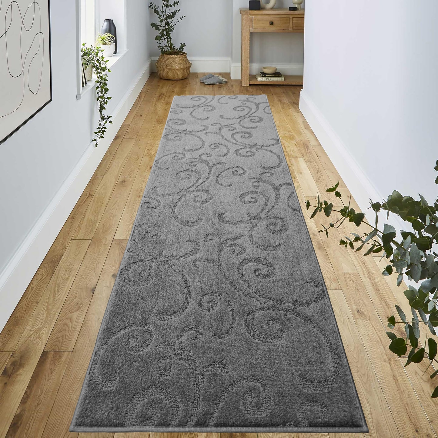 8 Ft Long Non-Slip Washable Carpet Runner Rug with Rubber Backing, 31" X 8' Custom Floor Mat for Kitchen Hallway Stairs Bedroom Bathroom Entryway, Your Choice of Length, Scroll Anthracite Dark Grey