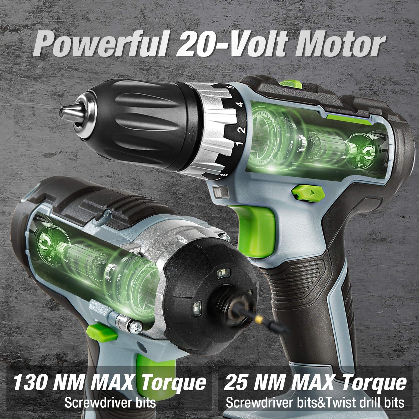 WORKPRO 20V Cordless Compact Drill Driver and Impact Driver, Combi Drill Including 2 x 2.0 Ah Li-ion Batteries, 1 Hour Fast Charger, 6 PCS Twist Drill Bits 10PC Screwdriver Bits