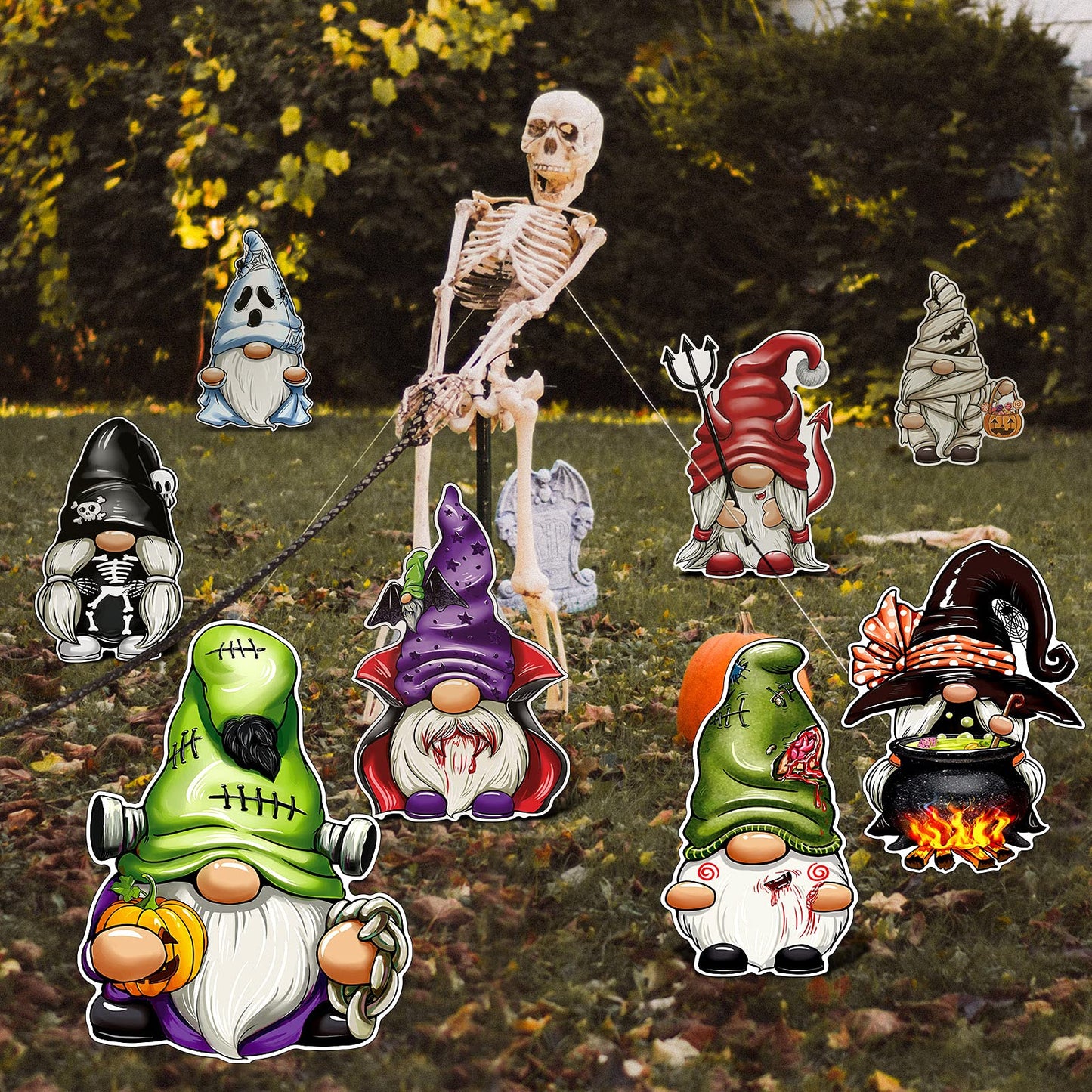 Blulu 8 Pieces Cute Gnomes Halloween Yard Sign - Large Outdoor Decorative Stake Signs for Garden Lawn Decoration - Waterproof Corrugate