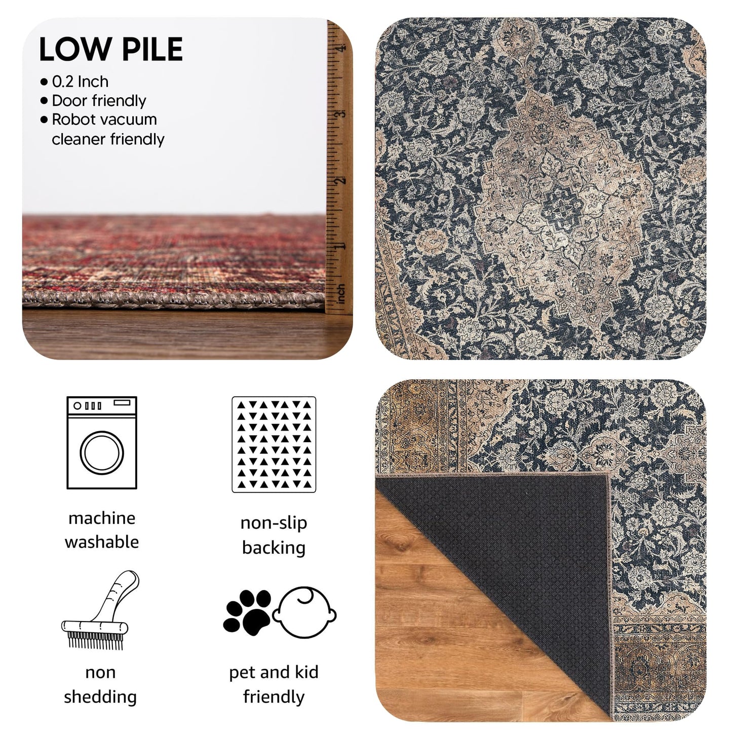 Keen Home Design 5x7 Rug - Machine Washable Area Rug with Non-Slip Backing, Ideal for Living Room, Dining Room, Bedroom - Vintage, Easy Clean, Durable, Low Pile Rug - (5' x 7')