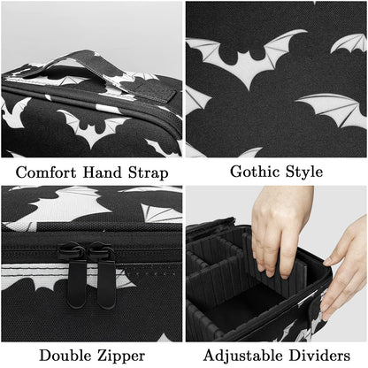 9CH Goth Makeup Organizer Bag, Halloween Makeup Bags Large Cosmetic Bag with Adjustable Dividers Portable Bat Cosmetic Case for Make up Brushes Toiletry Jewelry（Black Bats）