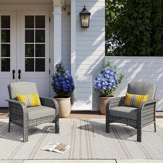 HOOOWOOO Patio Furniture Set,2 Pieces Outdoor Wicker Chairs Set,All Weather Bistro Chairs with Comfy High Back,Dark Gray