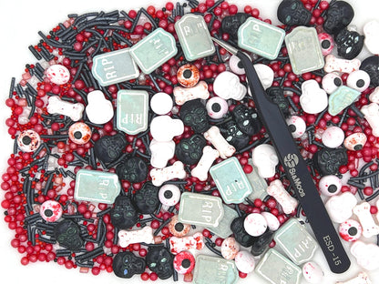 Edible Tombstones Vampire Cake Decorations Gravestone Cake Toppers Halloween Candy Skulls and Bones Bloody Candy Eyes for Decorating Black and Red Sprinkles Halloween Sprinkles 3.35 OZ with Tweezers