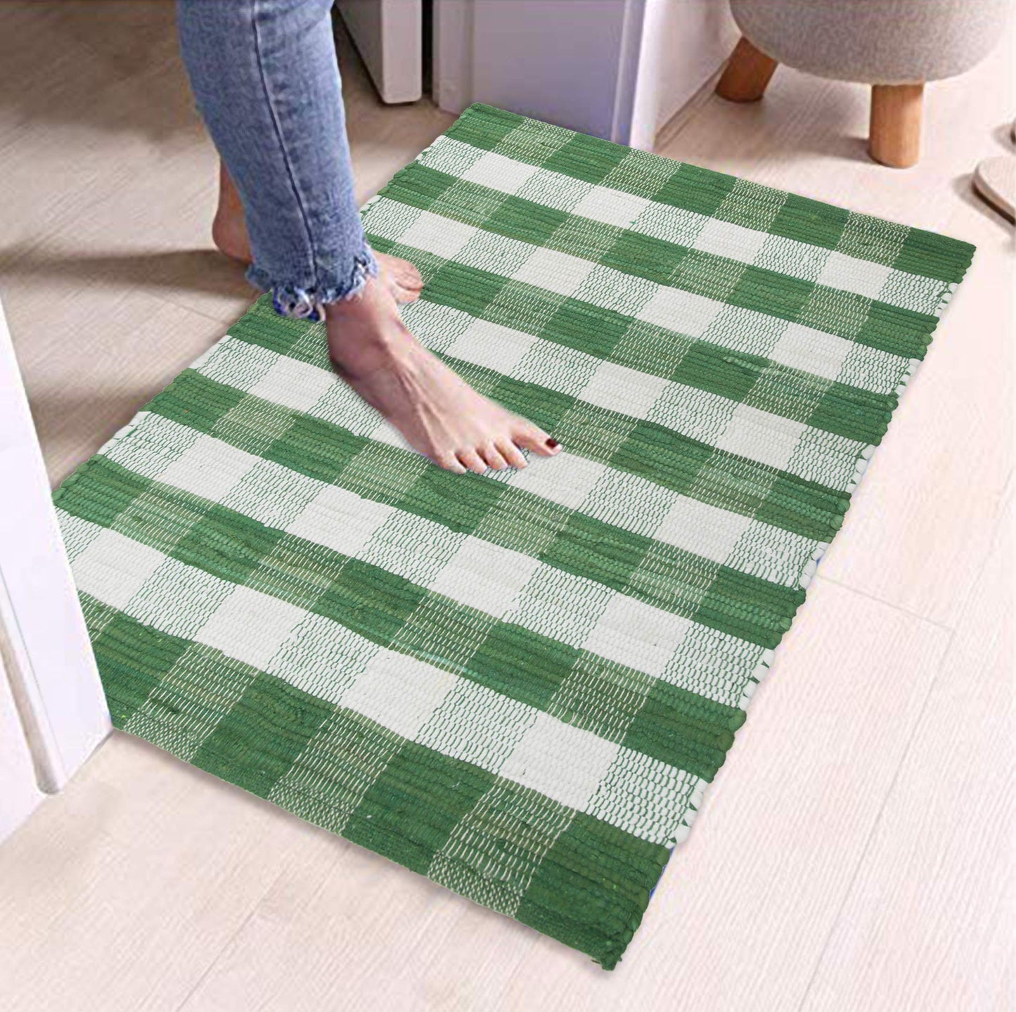 GLAMBURG Cotton Buffalo Check Plaid Rugs Washable, Handwoven Checkered Rug Welcome Door Mat 22x34 Rug for Kitchen Bathroom Outdoor Porch Laundry Living Room, Farmhouse Reversible Rag Rug Green White