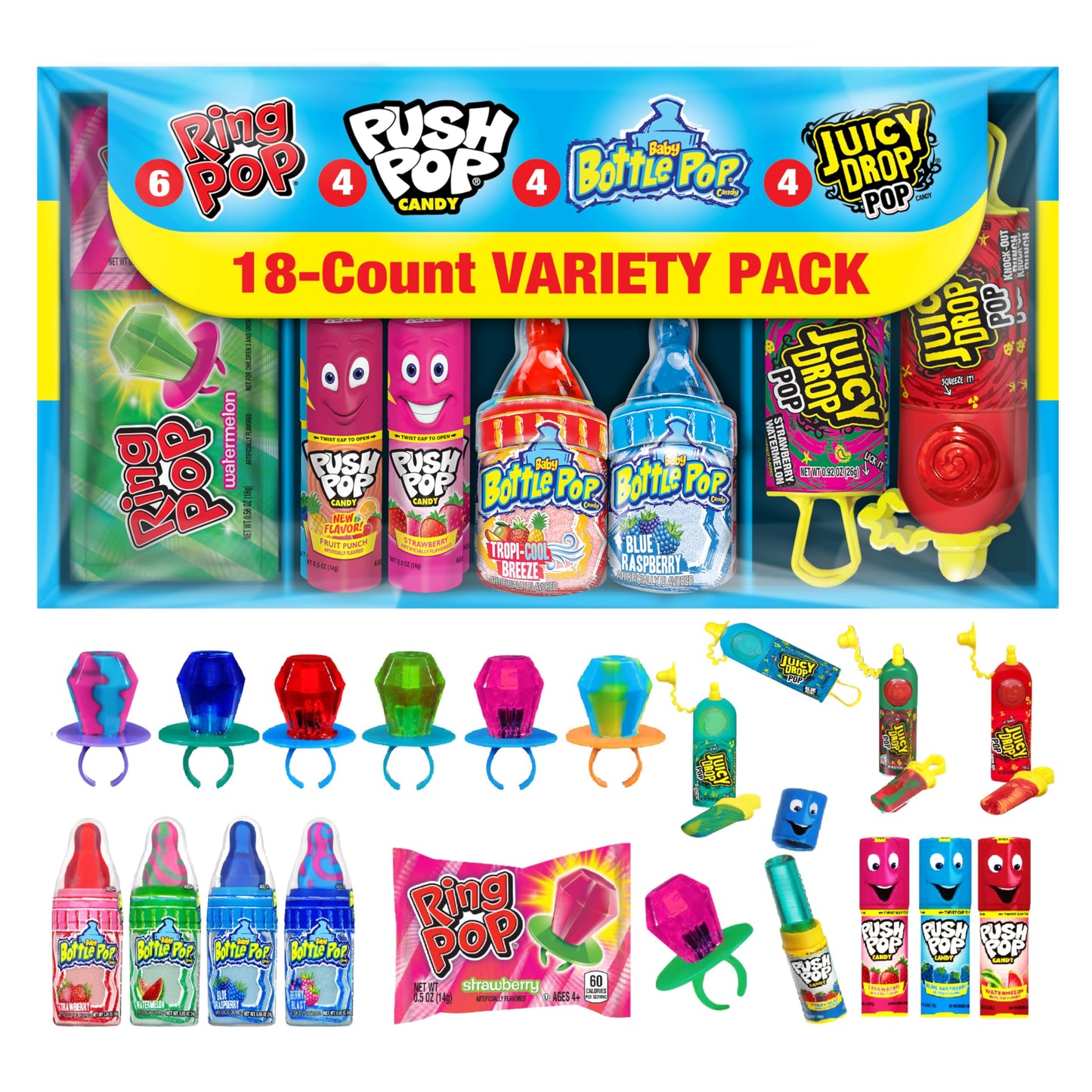 Candy Variety Pack, 18 Count Assorted Lollipops, Bulk Individually Wrapped Ring Pop, Push Pop, Baby Bottle Pop & Juicy Drop, Ideal for Birthdays, Party Favors for Kids & Hard Candy Gifts