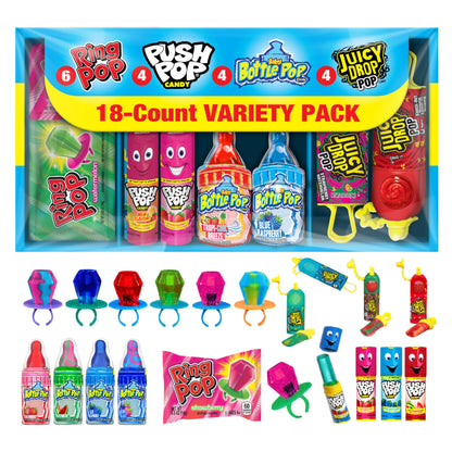 Candy Variety Pack, 18 Count Assorted Lollipops, Bulk Individually Wrapped Ring Pop, Push Pop, Baby Bottle Pop & Juicy Drop, Ideal for Birthdays, Party Favors for Kids & Hard Candy Gifts