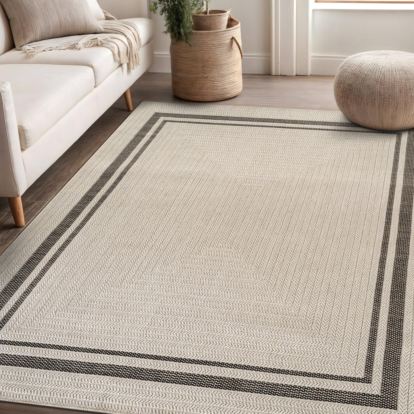 Beverly Rug Easy Jute Bordered Rug 9x12 Washable Large Indoor Outdoor Area Rugs for Living Dining Room Patio Office Stain Resistant Non Shedding Casual Indoor Outside Carpet 9 x 12 Off-White