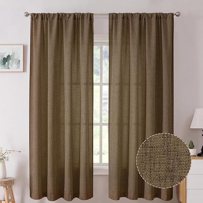 Tollpiz Linen Curtain Bedroom Rod Pocket Semi Sheer Curtains Burlap Light Filtering Thick Linen Drape for Living Room, 54 x 63 inches Long, Brown, Set of 2 Panels