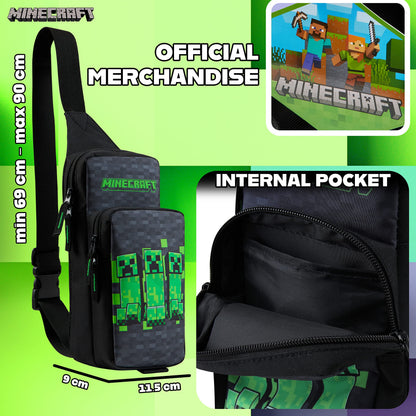 Minecraft Crossbody Bag for Boys Teens Creeper Sling Bag with Compartments Adjustable Strap Chest Bag for Travel Holidays Ideal for Phone Wallets Gamer Gifts (Black/Green)