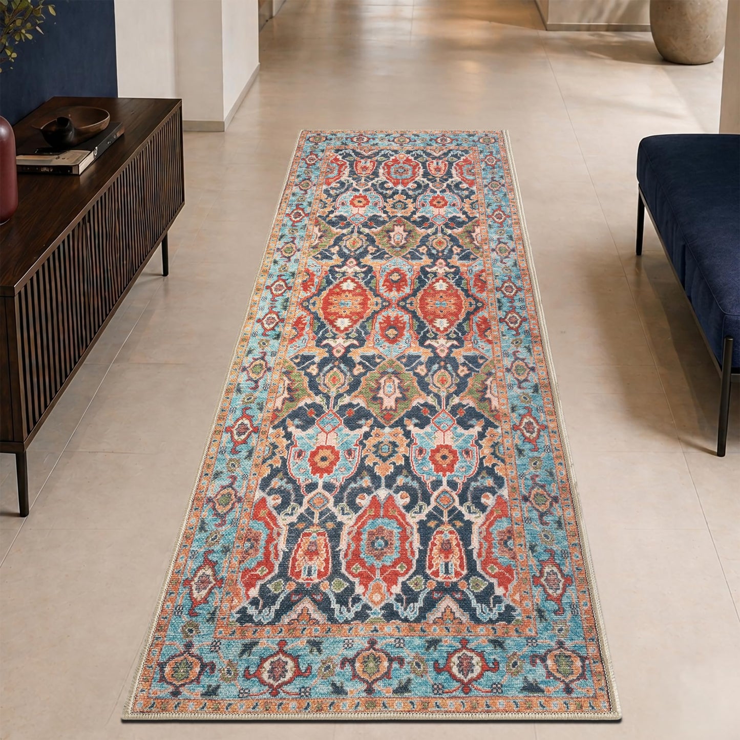 Keen Home Design 30"x120" Rug - Machine Washable Runner Rug with Non-Slip Backing, Ideal for Hallway, Entryway, Kitchen, Laundry Room - Vintage, Easy Clean, Durable, Low Pile - (2'6" x 10')