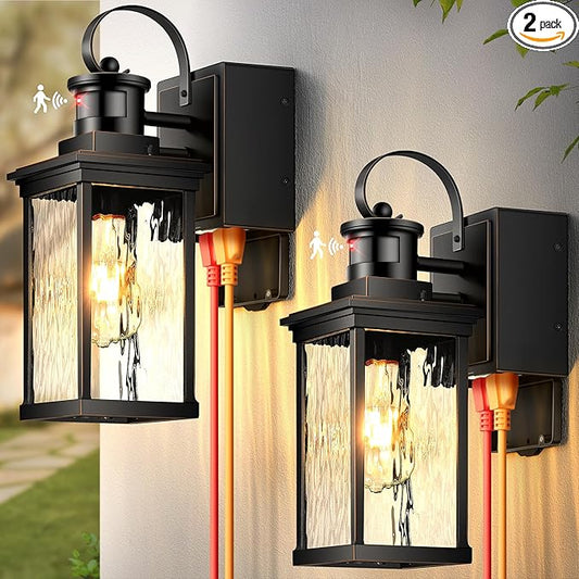 Front Porch Lights Outdoor Wall Mount Sconce with GFCI Outlet, Black Gold Trim Motion Sensor Modern Exterior Garage Lighting Fixtures, 100% Aluminum Waterproof Outside House Lights, 2 Pack