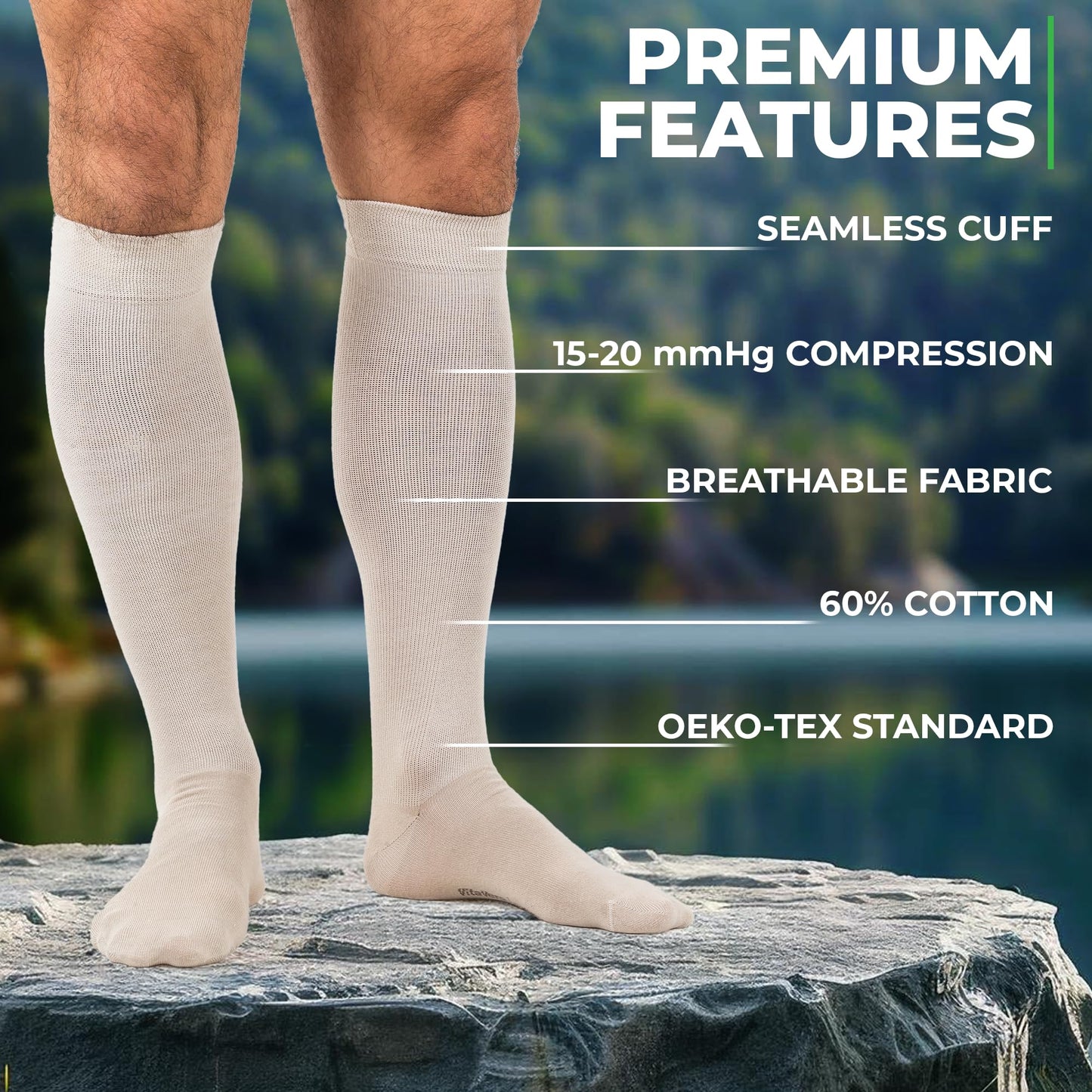 Graduated Compression Socks, Medical Socks, For Men and Women, 60% Organic Cotton (Beige, XL (44-46))