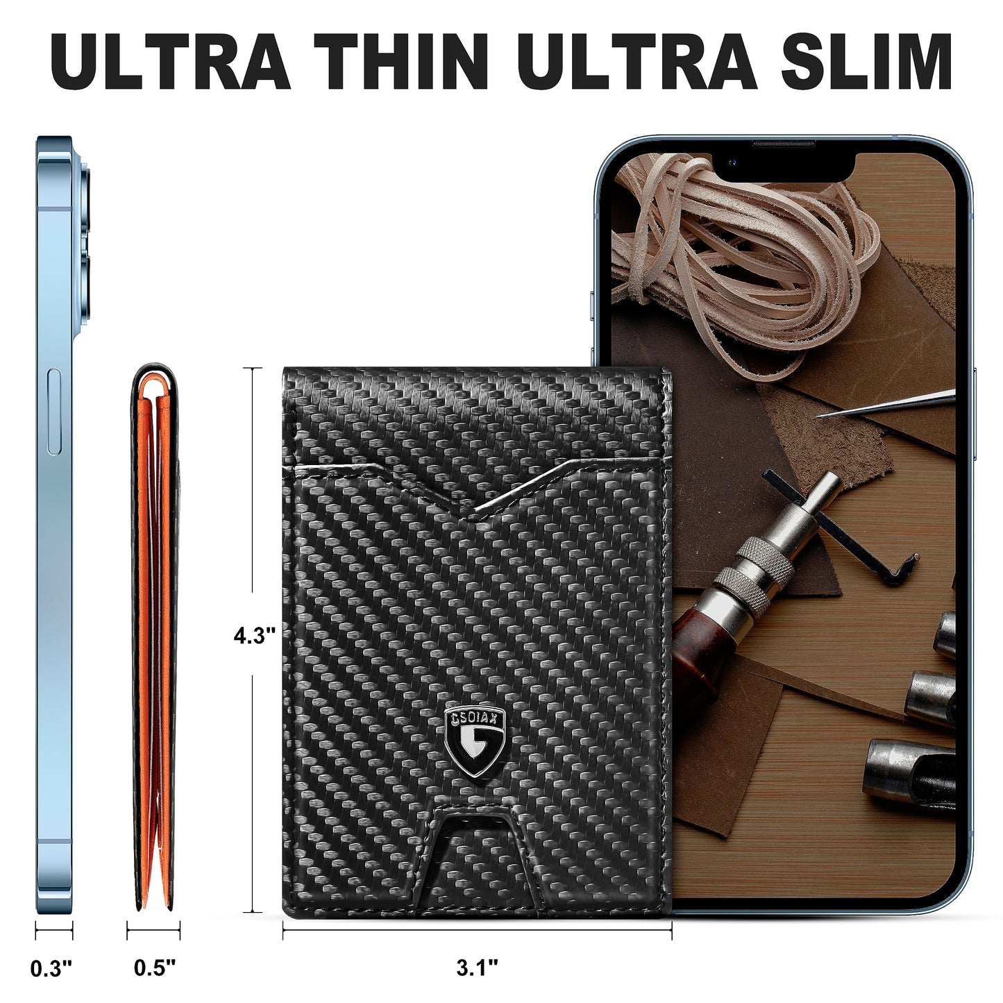 GSOIAX Mens Slim Wallet for Men Minimalist Genuine Leather Carbon Fiber Rfid Blocking Bifold Credit Card Holder With Gift Box (Carbon Black and Orange)