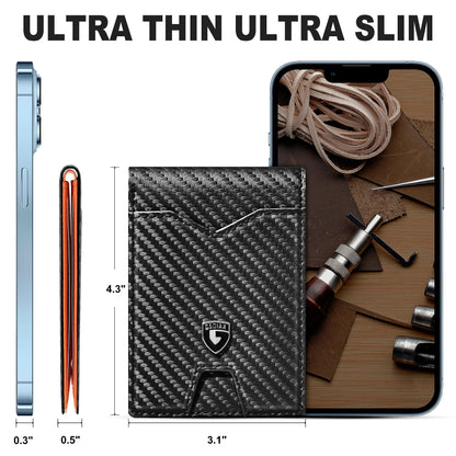 GSOIAX Mens Slim Wallet for Men Minimalist Genuine Leather Carbon Fiber Rfid Blocking Bifold Credit Card Holder With Gift Box (Carbon Black and Orange)