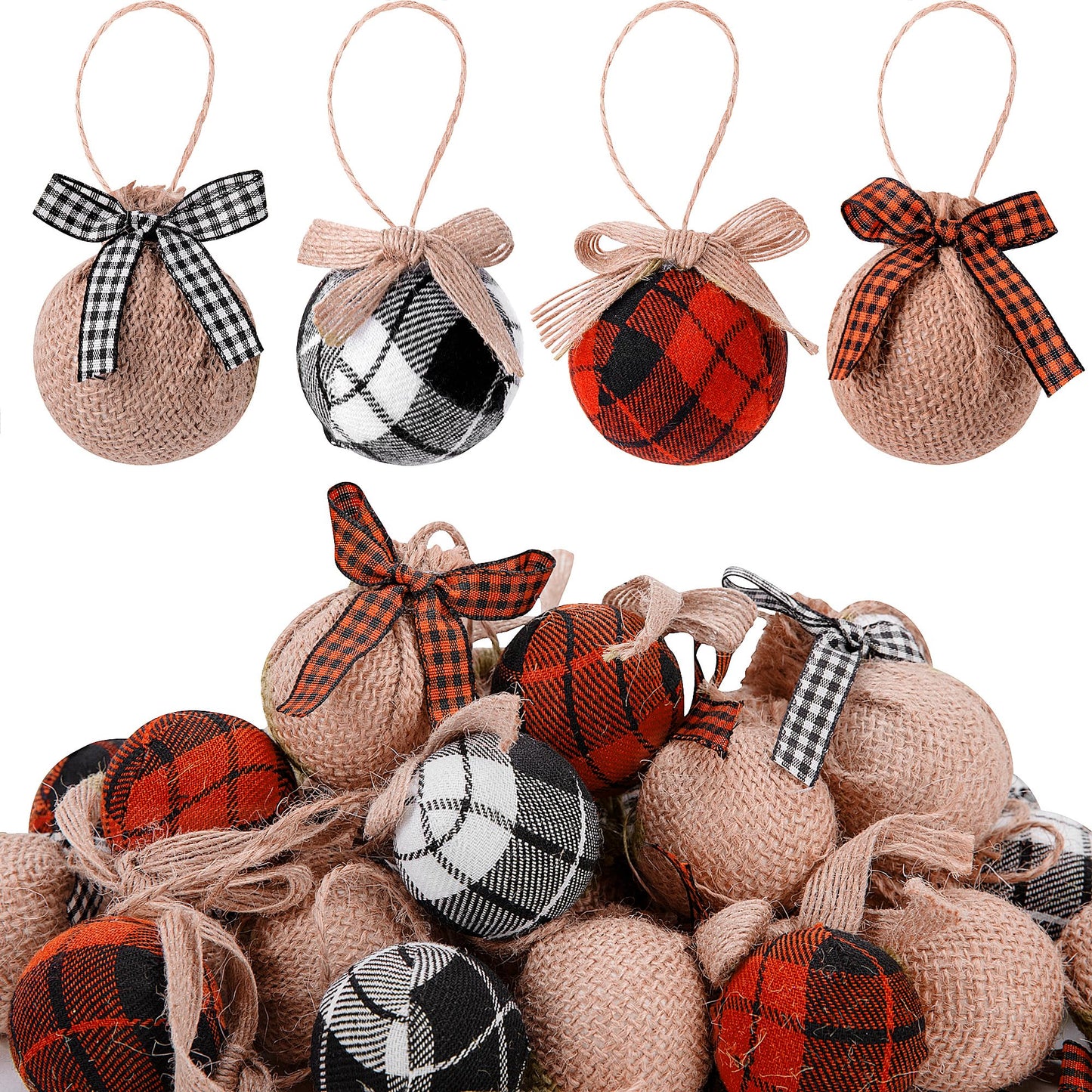 Deloky 24 Pcs Buffalo Plaid Fabric Ball Ornaments- 1.6 Inch Christmas Fabric Wrapped Burlap Hanging Balls- Rustic Buffalo Check Christmas Tree Ball Decoration for Holiday Party Home Decor