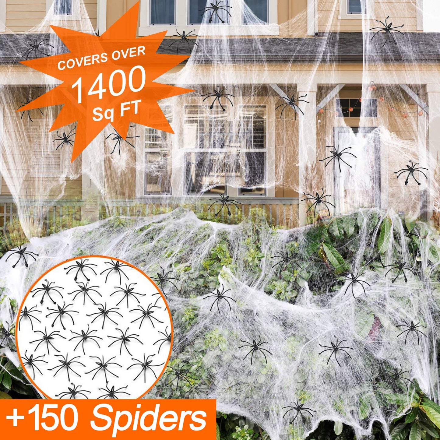 1400 sqft Halloween Spider Webs Decorations with 150 Extra Fake Spiders, Super Stretchy Cobwebs for Halloween Decor Indoor and Outdoor