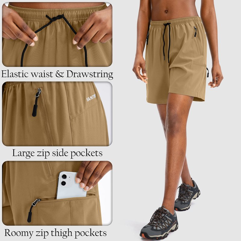 SANTINY Women's 5''/ 7''/9'' Hiking Cargo Shorts Quick Dry Lightweight Summer Shorts for Women Athletic Golf Zipper Pockets(Dark Khaki_S)