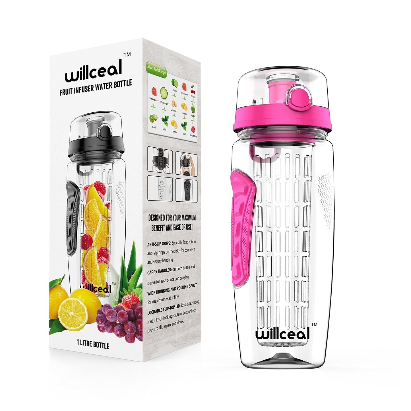 Fruit Infuser Water Bottle 32oz Willceal- Durable, Large - BPA Free Tritan, Flip Lid, Leak Proof Design - Sports, Camping (Pink)