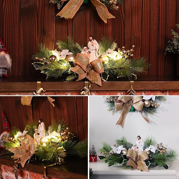 MOONET Christmas Table Centerpiece with LED Lights, White Plastic Pine Needle Ornament, Red Berry, Christmas Balls for Holiday Party, Home, Fireplace