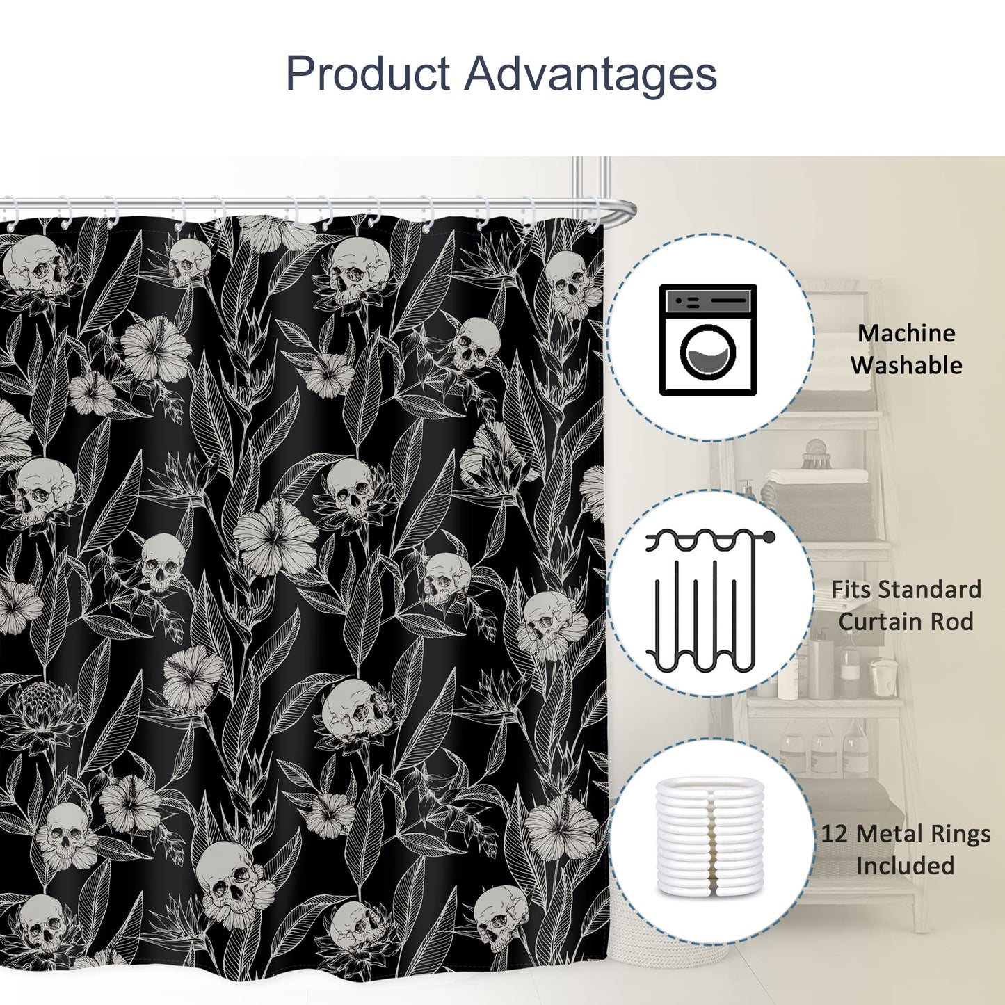 AMBZEK Black Skull Floral Shower Curtain 72Wx72L Inch Men Gothic Spooky Skeleton Goth Flower Leaves Halloween Cool Artwork Cloth Fabric Waterproof Polyester Bathroom Decor Set with 12 Pack Hooks