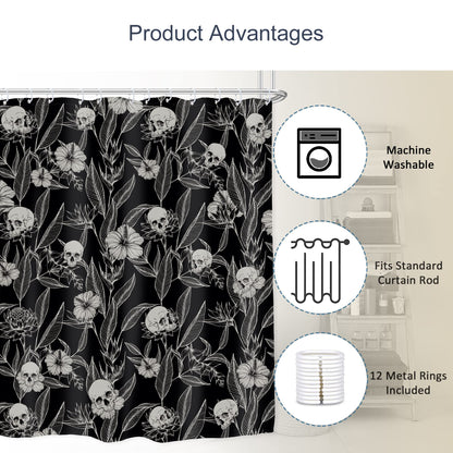 AMBZEK Black Skull Floral Shower Curtain 72Wx72L Inch Men Gothic Spooky Skeleton Goth Flower Leaves Halloween Cool Artwork Cloth Fabric Waterproof Polyester Bathroom Decor Set with 12 Pack Hooks