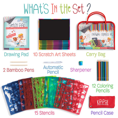 Kipipol 63 Pcs Drawing Stencils for Kids Ages 4-8 - 8-12 and Up - Arts and Crafts for Girls and Boys - Kids Drawing kit - Arts Set- 15 Art Stencils, 260+ Designs -Scratch Art- Creativity Gifts & Toys