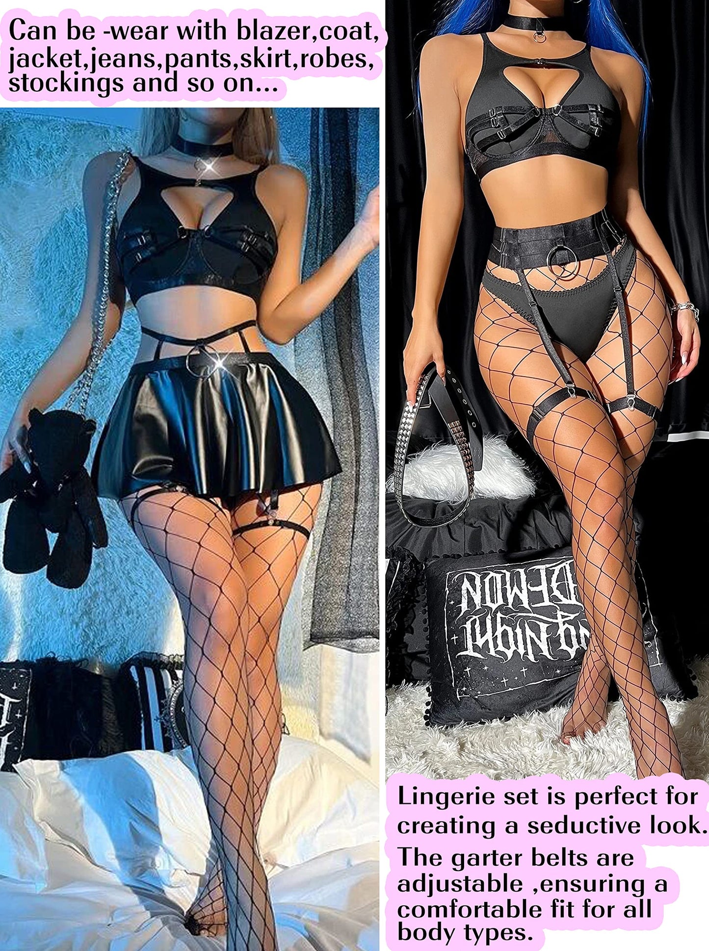 Avidlove Sexy Lingerie Set with Underwire Garter Belt Lingerie Set for Women Bra and Panty 5 Piece with Choker(No Stockings) Black