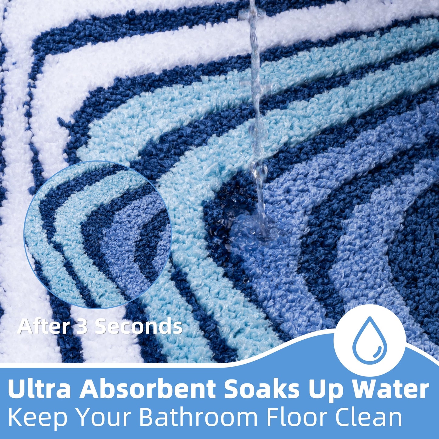 Cevolyn Funky Blue Bathroom Rug, Absorbent Non Slip High Pile Tufted Bath Mat with 3D Striped Pattern, Plush Microfiber Shower Rug for Bathroom Sink, Tub, Machine Washable, 16"x24"