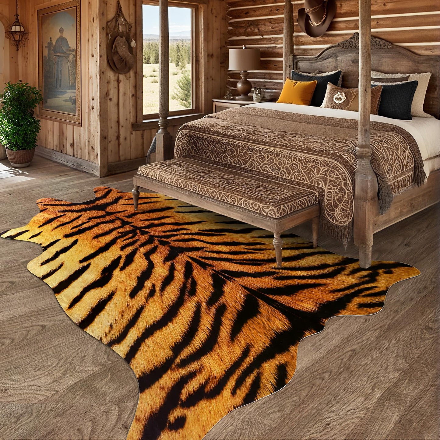 AROGAN Premium Tiger Print Rug 4.6x5.2 Feet, Machine Washable Faux Fur Rug, Non-Slip Animal Print Hide Tiger Skin Area Rug for Bedroom Living Room Home Decor