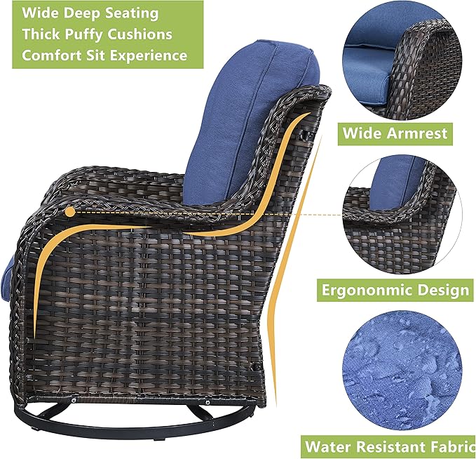 Rilyson Wicker Patio Furniture Set - 5 Piece Rattan Outdoor Sectional Conversation Sets with 2 Rocking Swivel Chairs,2 Ottomans and 1 Sofa for Porch Deck Garden(Brown/Blue)