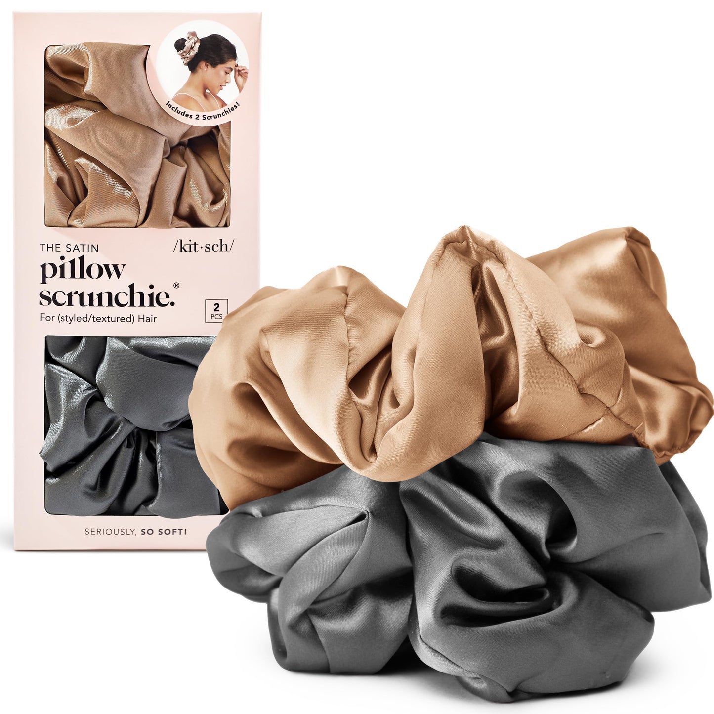 Kitsch Satin Hair Scrunchies for Women - Softer Than Silk Scrunchies for Hair | Satin Scrunchies for Girls & Stylish Satin Hair Ties for Women | Cute Satin Hair Scrunchie, 2 pc (Charcoal/Gold)