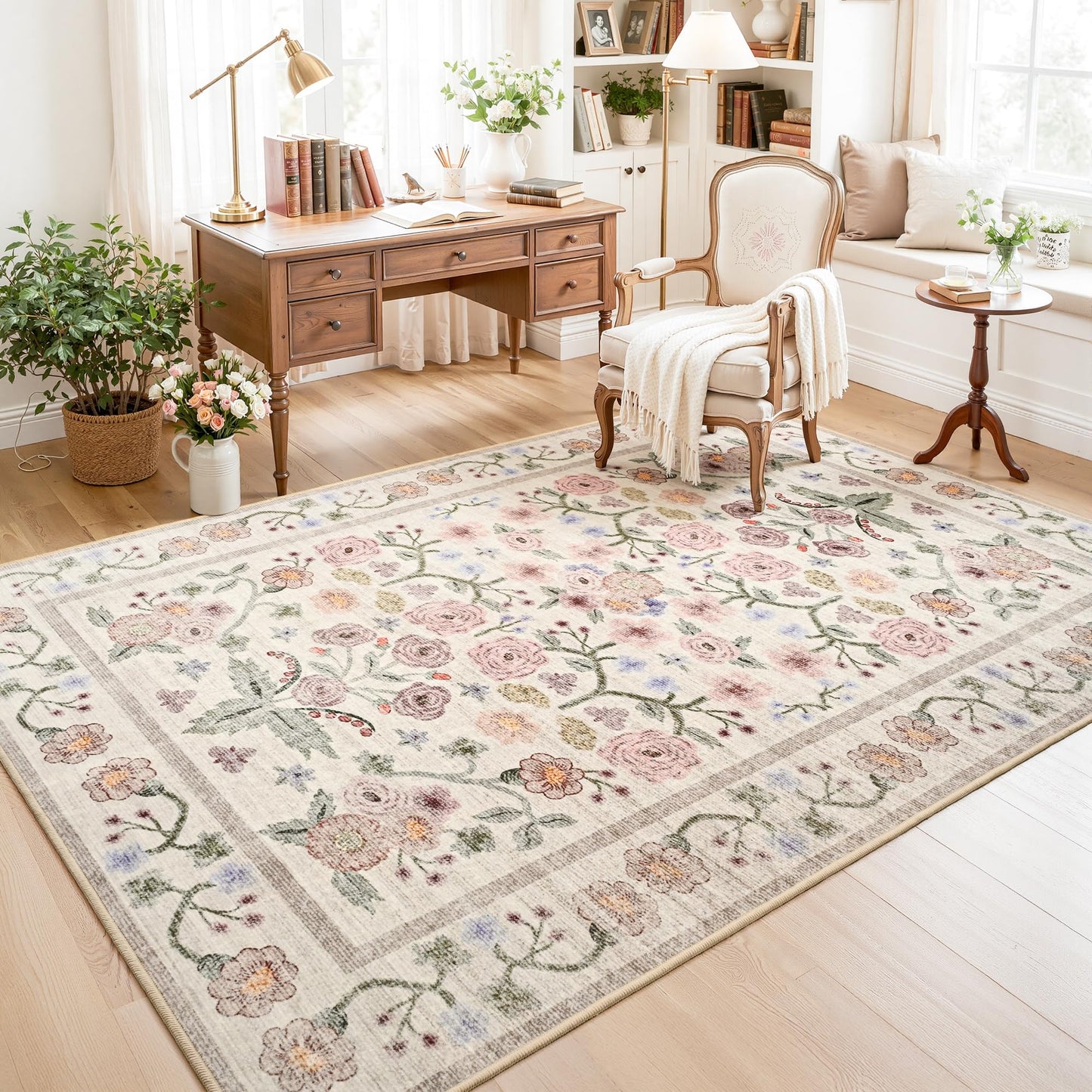 Maxsoft Large Area Rugs for Living Room Bedroom, 5x7 Washable Floral Area Rugs, Non-Slip and Stain Resistant Soft Throw Indoor Carpet for Dining Room Office Kitchen Dorm Home Decor, Pink