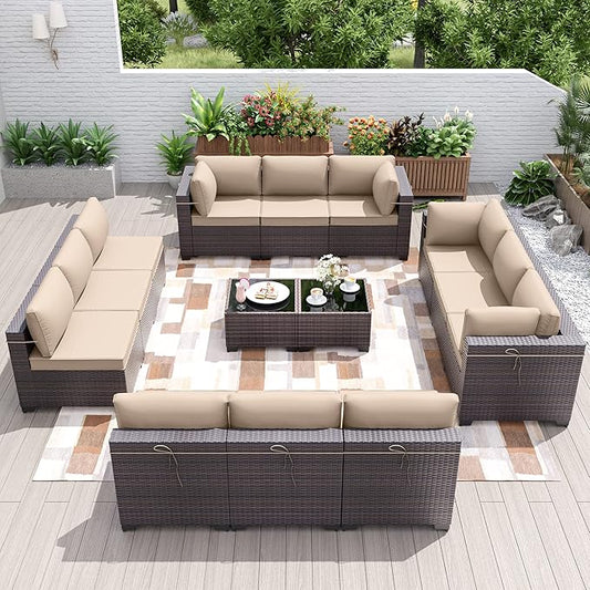 Kurapika 14 Pieces Patio Furniture Set, Rattan Wicker Outdoor Conversation Sets w/4 Inch Cushion and Glass Coffee Table(Sand)