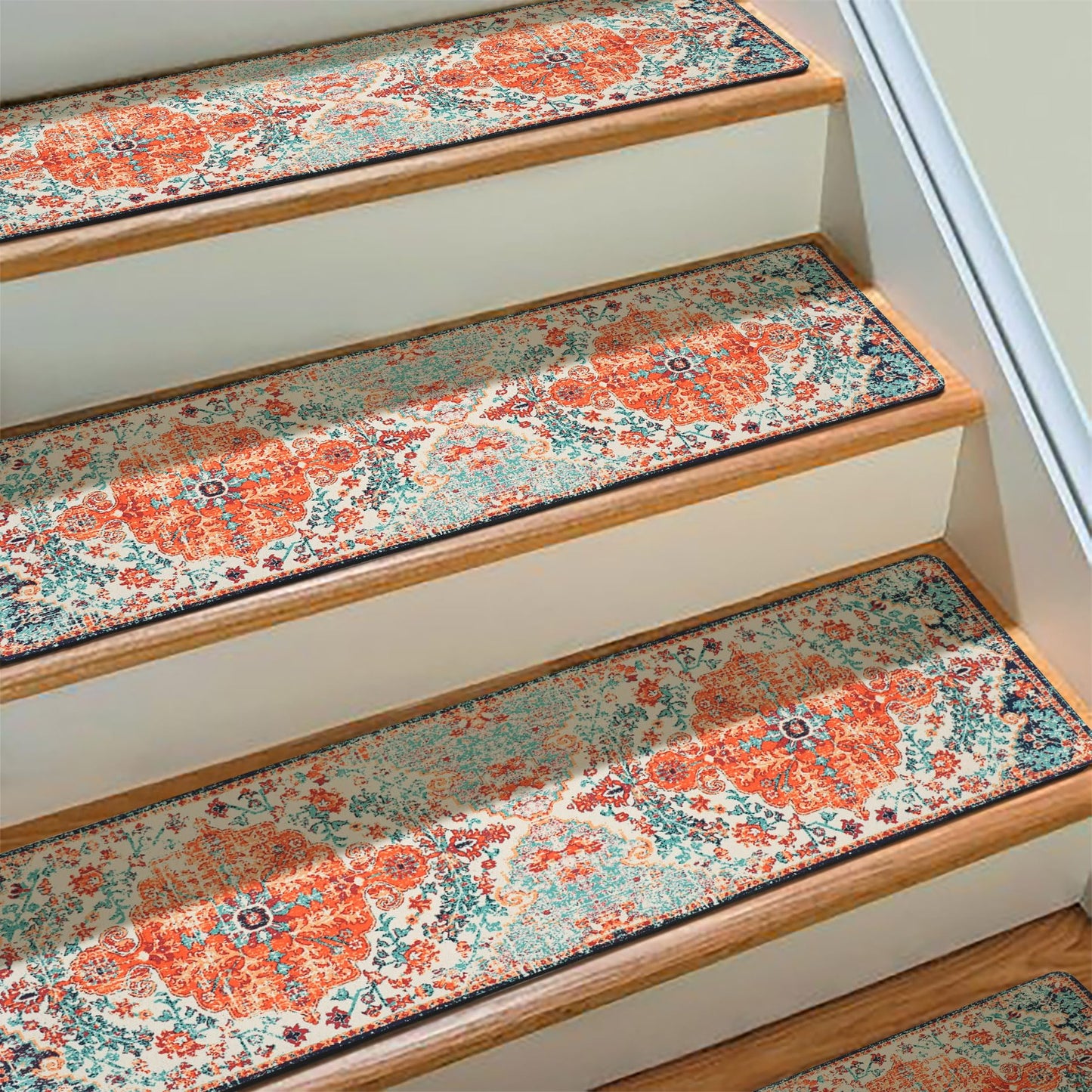 Boho Stair Treads Non Slip - Carpet Stair Treads for Wooden Steps Indoor, Stair Rugs for Kids, Elders and Dog, Stair Runners for Wooden Steps, 15 pcs