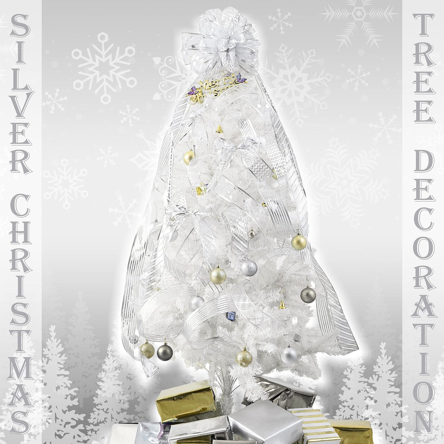 MEEDEE Silver Wired Ribbon for Christmas Tree Decoration - 2.5 Inch, 6 Rolls, 36 Yards - Garland Set for Topper and Bow Making