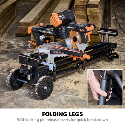 Evolution Power Tools Miter Saw Stand PLUS - Compact Folding Stand with Extendable Arms, Large Wheels, Universal Fittings for Most Brands Evolution, Makita, DeWalt, Bosch, Ryobi, Einhell and Metabo