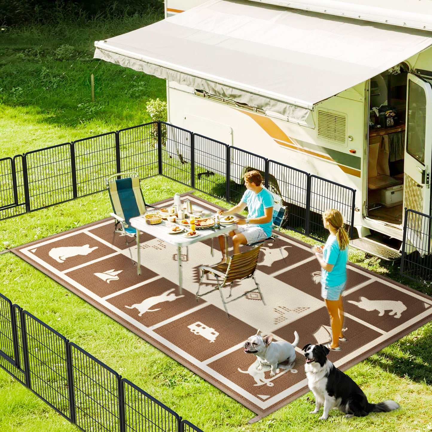 FXW Camping Rug, 6' x 9' Large Waterproof Portable RV Mat, Easy-to-Clean Straw Plastic Mat for Outdoor, Patio, Backyard, Deck, Picnic, Beach, Trailer, Brown & Beige