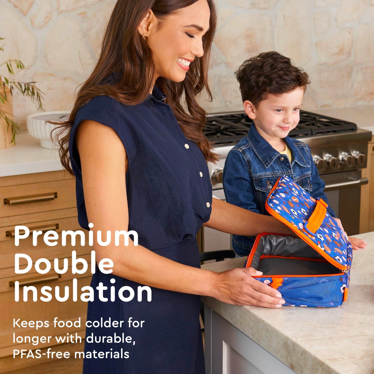 Bentgo Kids Lunch Bag - Durable, Double-Insulated Lunch Bag for Kids 3+; Holds Lunch Box, Water Bottle, & Snacks; Easy-Clean Water-Resistant Fabric & Multiple Zippered Pockets (Sports)