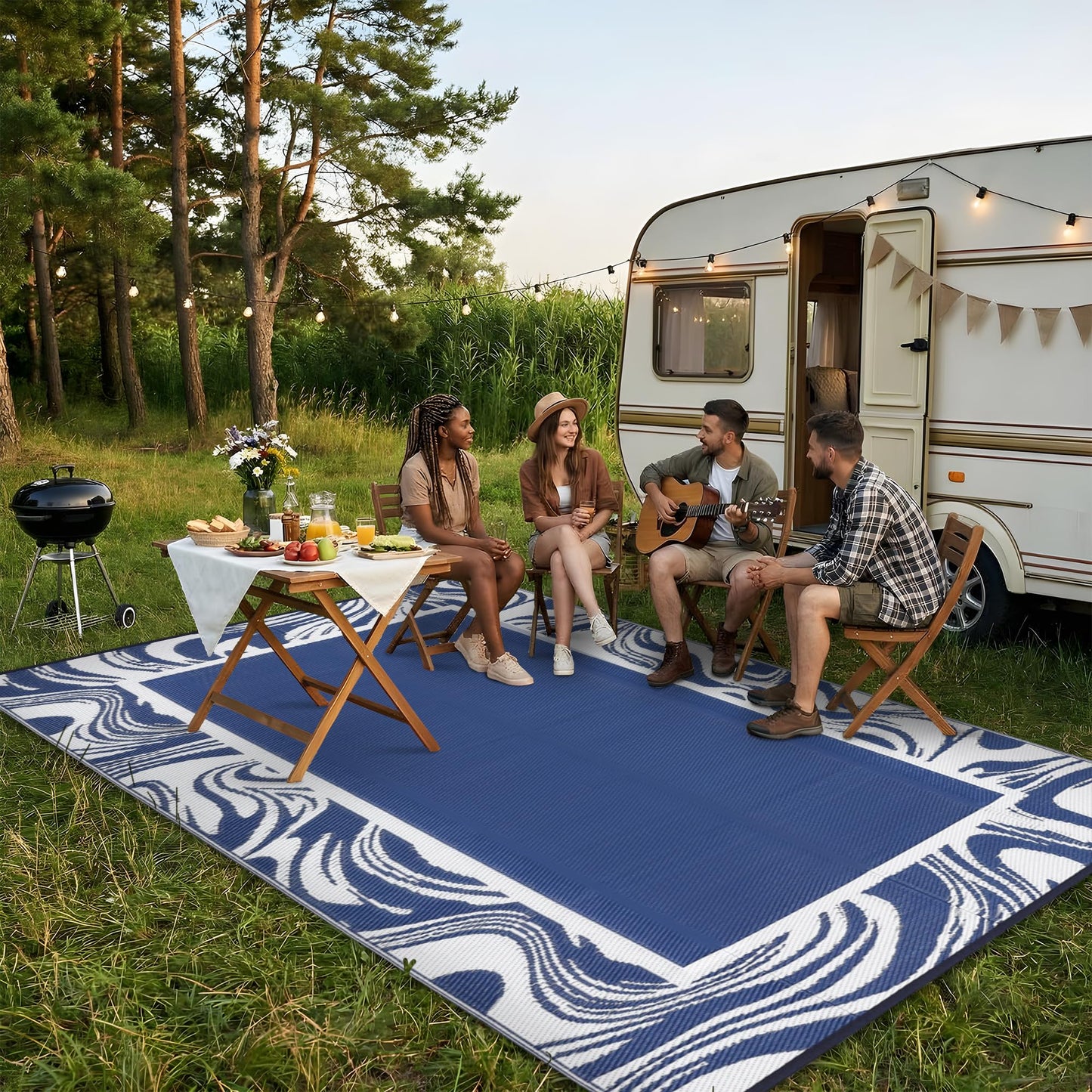 Garvee Outdoor Rug 5x8 Modern Bordered Camping Rug Foldable Plastic Straw Rugs Waterproof Abstract Reversible Large Outdoor Carpet for Patio, RV, Deck, Balcony, Backyard, Picnic, Beach, Clover,Navy