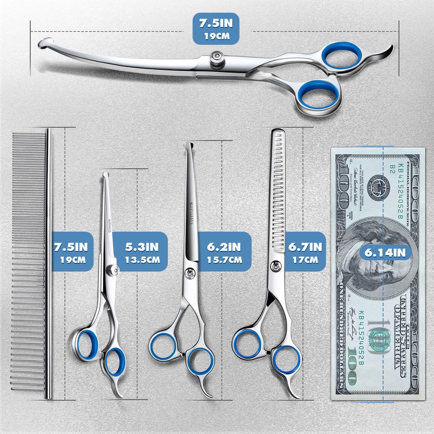 Gimars Professional 6 in 1 Dog Grooming Scissors 4CR Stainless Steel with Safety Round Tip, Heavy Duty Titanium Coated Pet Grooming Scissor for Dogs, Cats and Other Animals
