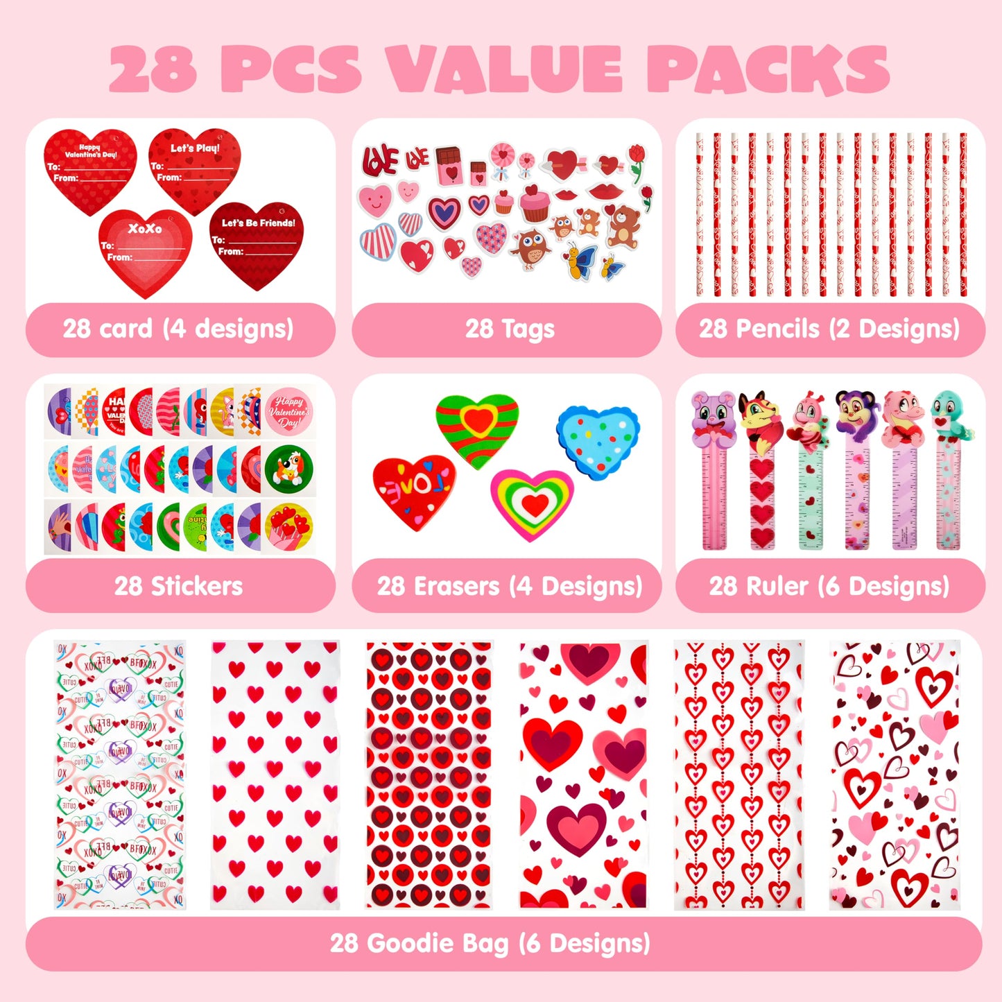JOYIN 24packs Valentines Day Stationery Gifts, 96pcs Party Favor with Pencil, Erasers, Notebook & Bags for Kids School Classroom Exchange Supplies