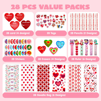 JOYIN 24packs Valentines Day Stationery Gifts, 96pcs Party Favor with Pencil, Erasers, Notebook & Bags for Kids School Classroom Exchange Supplies