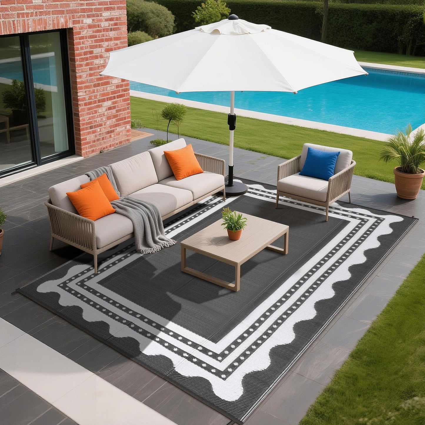 IDEALHOUSE Waterproof Outdoor Rug 9x12 for Patio, Reversible Modern Area Rug, Large Plastic Straw Mat for Camping, RV, Porch, Backyard, Deck, Picnic, Beach, Grey & White