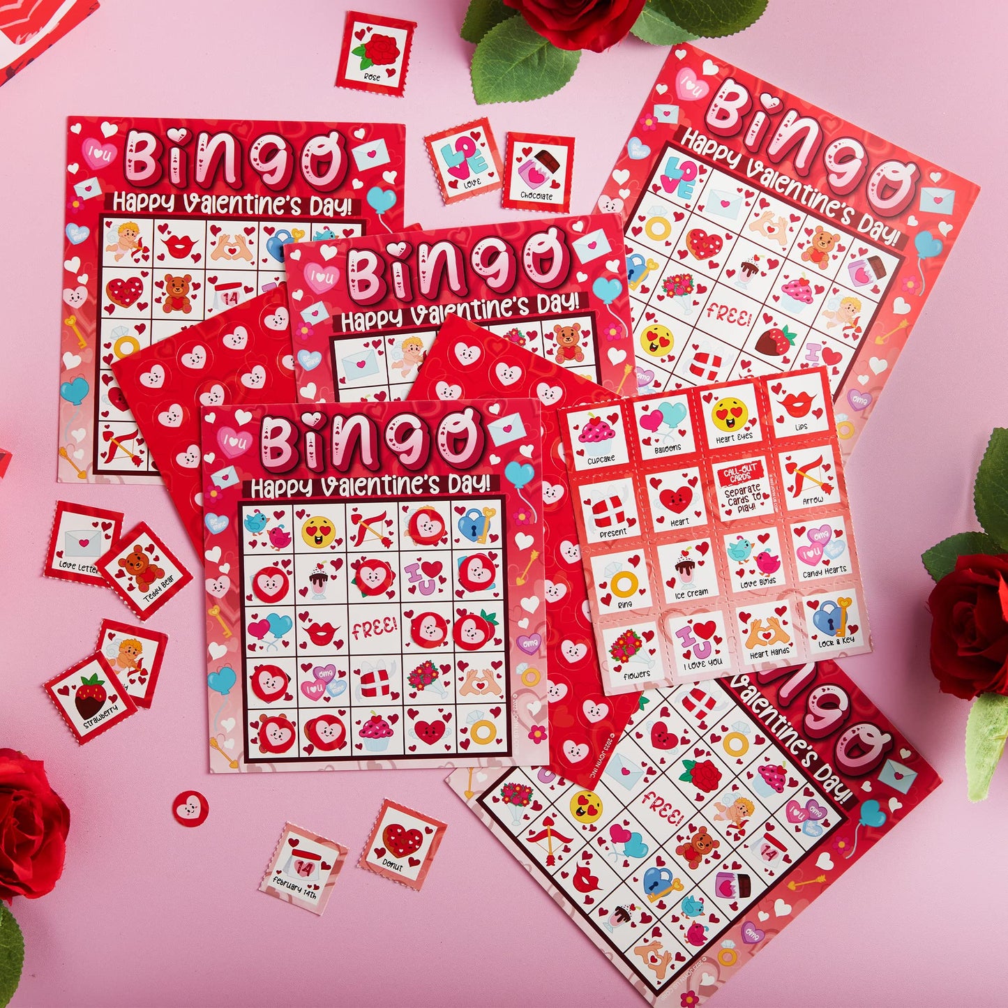 JOYIN 28 Players Valentine's Day Bingo Set, Game Cards for Kids School Classroom Party Supplies, Family Activity