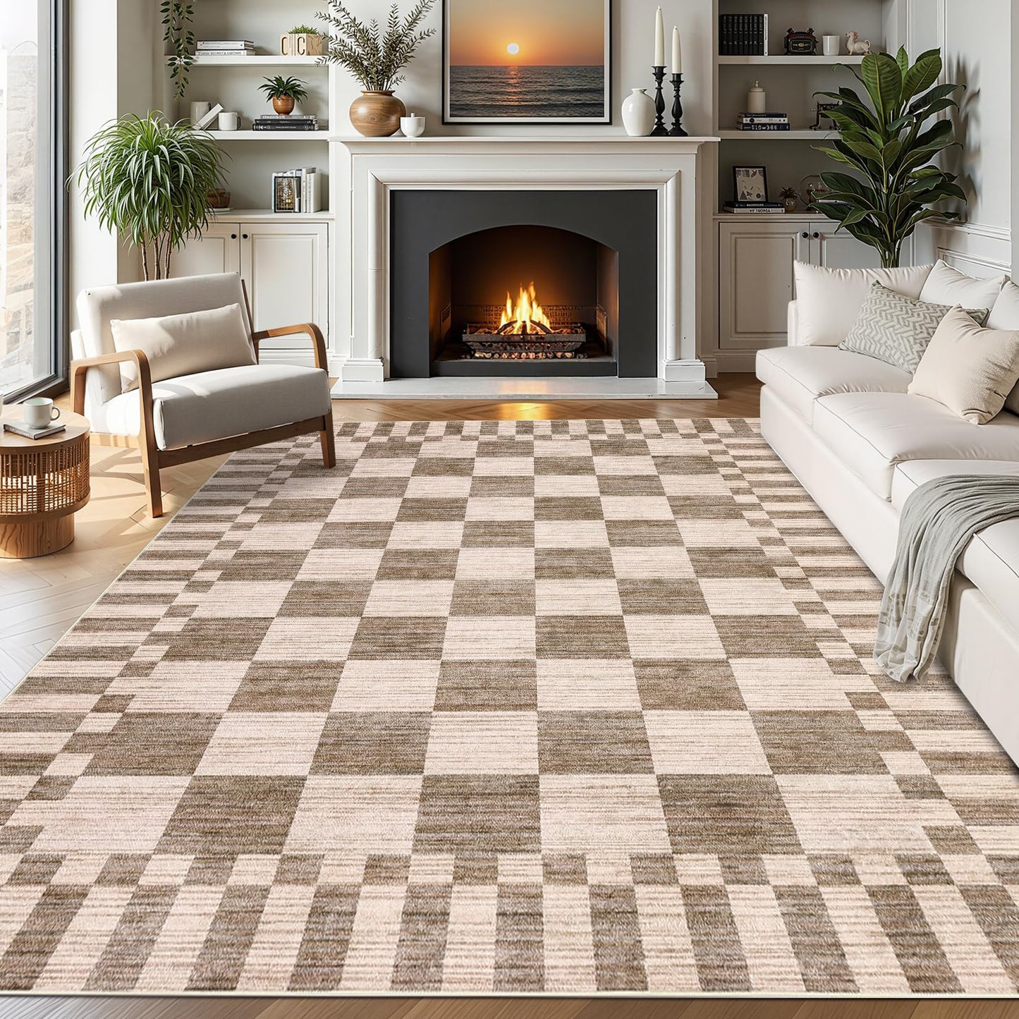 GarveeHome 8×10 Area Rugs for Living Room,Modern Brown Checkered Rug,Geometric Tan Brown Print Non-Slip Washable Farmhouse Checkerboard Rugs for Bedroom Dining Room Office
