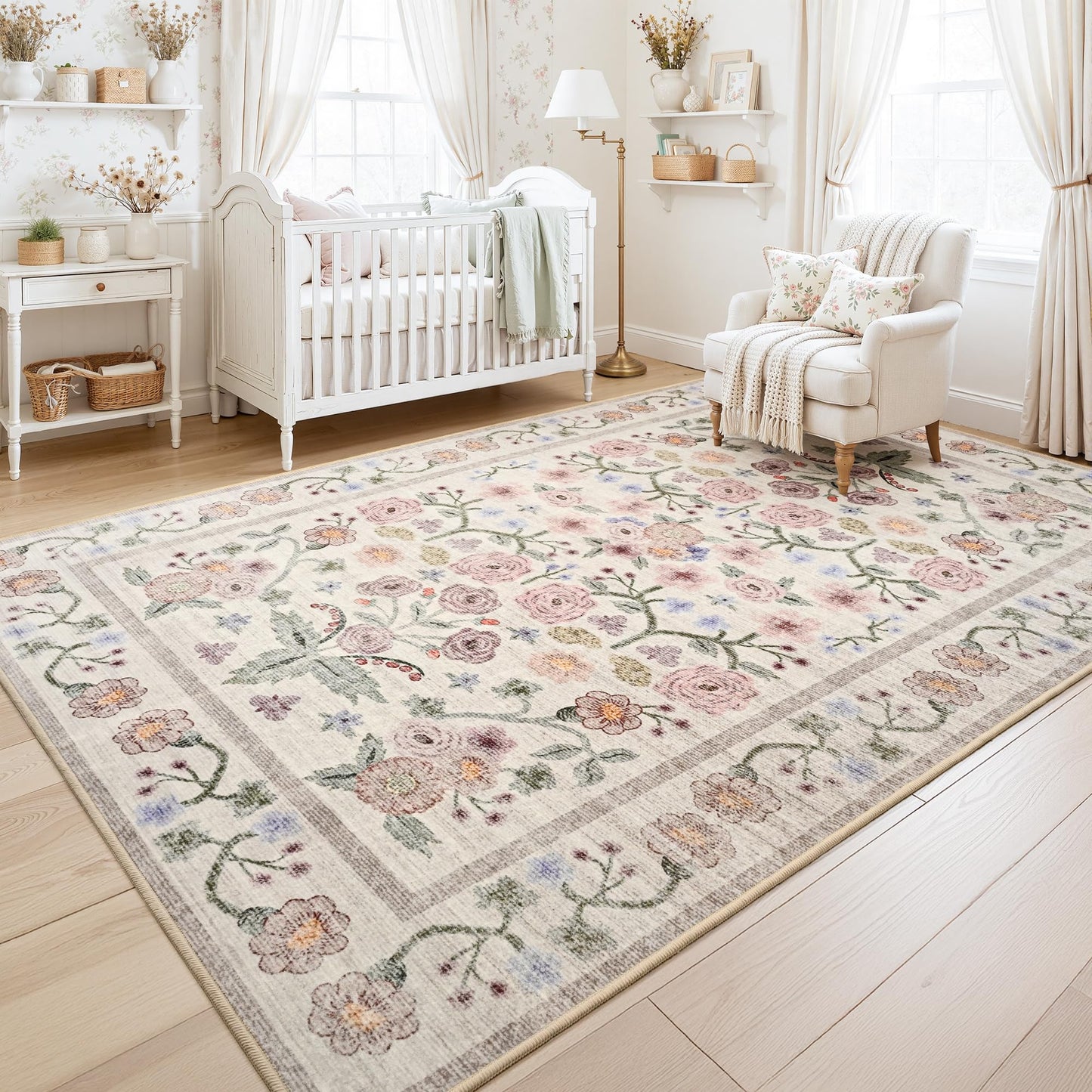 Maxsoft Large Area Rugs for Living Room Bedroom, 5x7 Washable Floral Area Rugs, Non-Slip and Stain Resistant Soft Throw Indoor Carpet for Dining Room Office Kitchen Dorm Home Decor, Pink