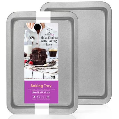 ThingsPlus Set of 2 Baking Trays for Oven Non Stick, Premium Carbon Steel Oven Trays Non Stick with Teflon Coating, Durable & Easy-Clean NonStick Baking Tray Set for Cookies & Savories (32x22x2cm)