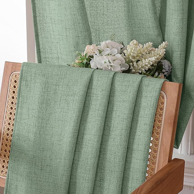 Tollpiz Short Linen Curtains Bedroom Rod Pocket Semi Sheer Curtain Burlap Light Filtering Thick Linen Drapes for Living Room, 38 x 45 inches Long, Sage Green, Set of 2 Panels